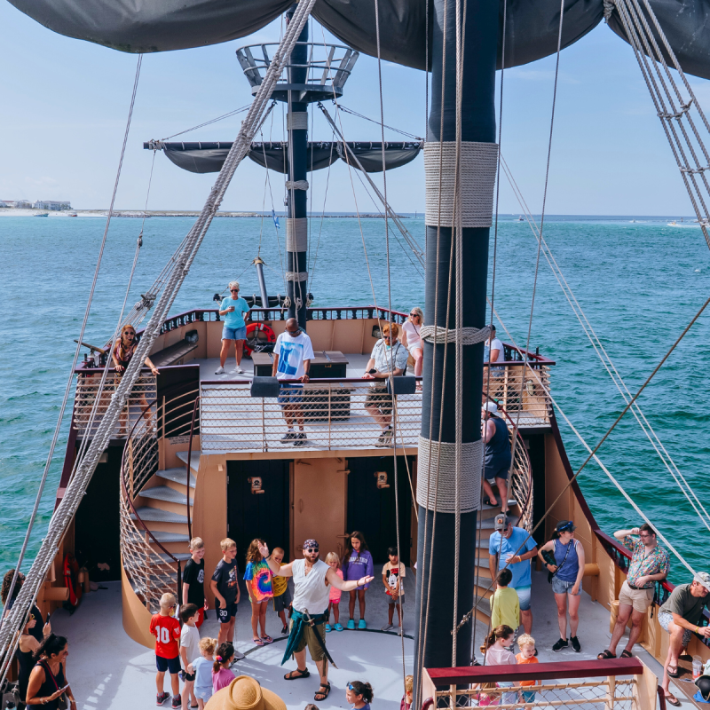 People on a ship deck with large sails, surrounded by ocean, on a clear day.