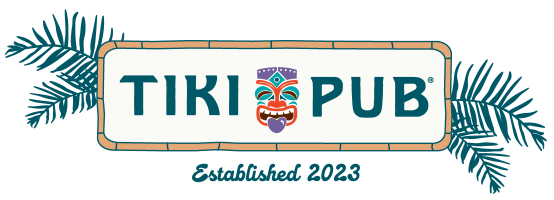 Tiki Pub logo with tiki face and palm leaves, established 2023.
