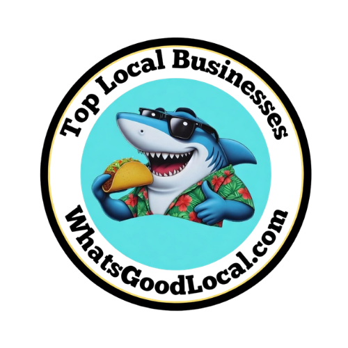 Shark in sunglasses holding taco, surrounded by 'Top Local Businesses' text and web URL.