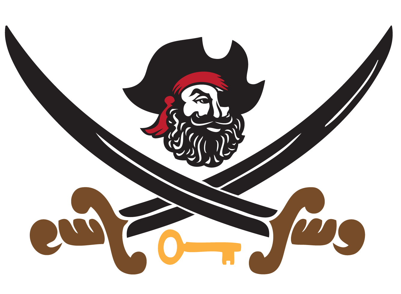 Pirate face with hat above crossed swords and a key