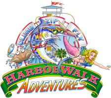 Colorful logo with fish, mermaid, crab, and tower for HarborWalk Adventures.