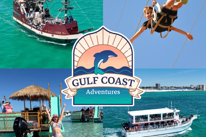 Collage of beach activities: pirate ship, ziplining, dolphin watching, beach logo.
