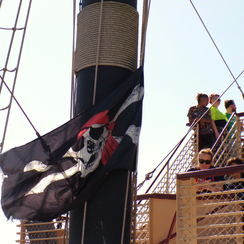 Pirate flag on ship mast near people on deck with netting and ropes.